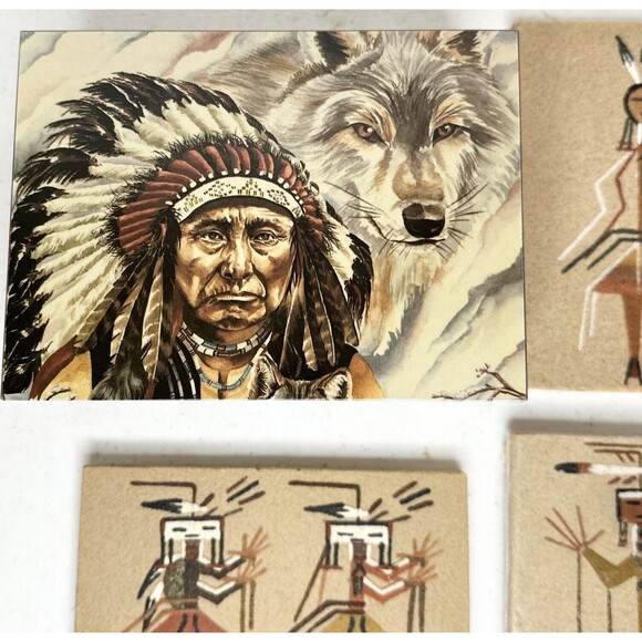 Set Of 3 Navajo Sand Painting Art 5 x 7 Signed designed Cedar Box - Picture 2 of 13